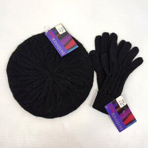Isotoner Knits Cable Knit Beret Hat Black and Cable Knit Gloves Set Black - NWT